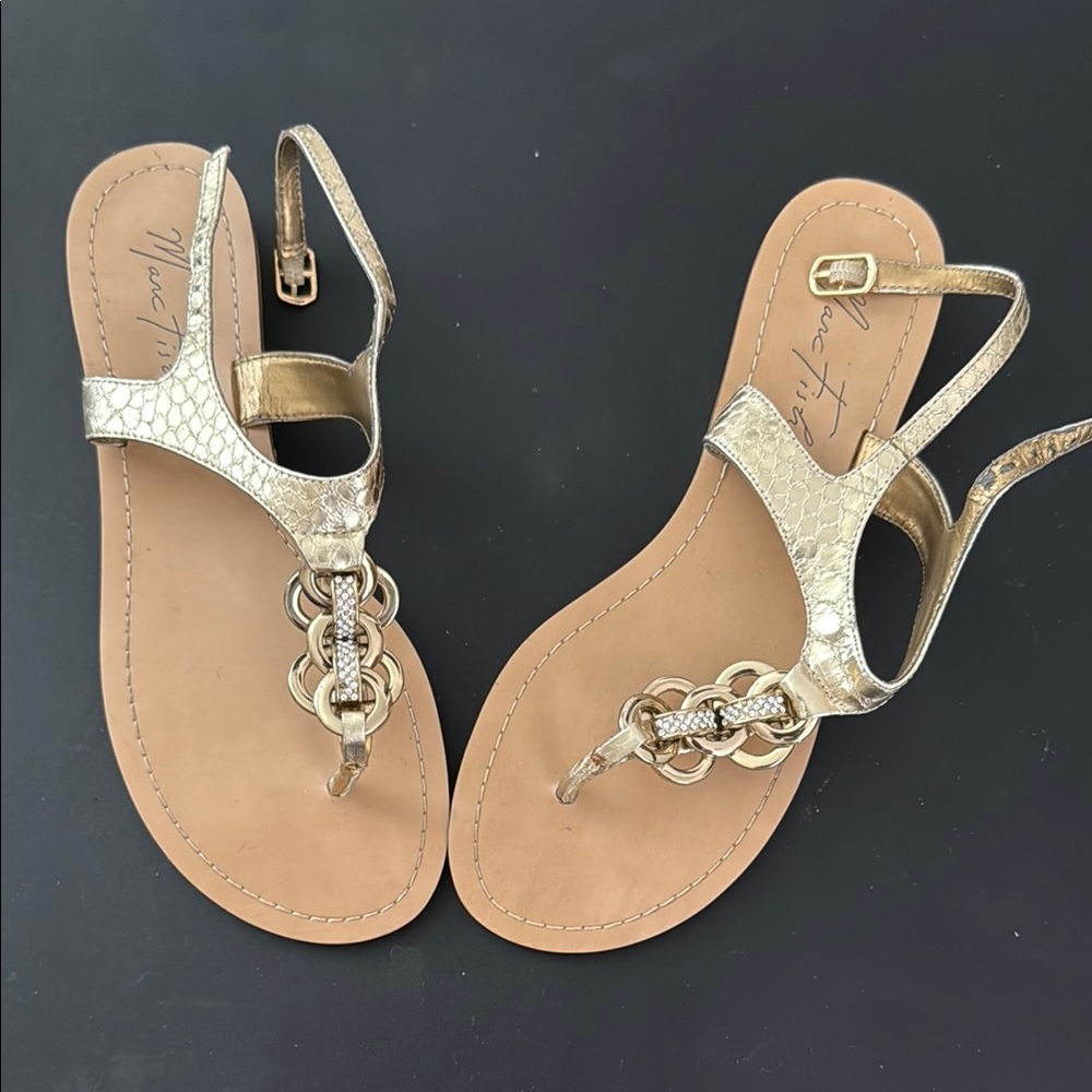 Marc Fisher Gold Sandals with Ankle Strap and Embellishments